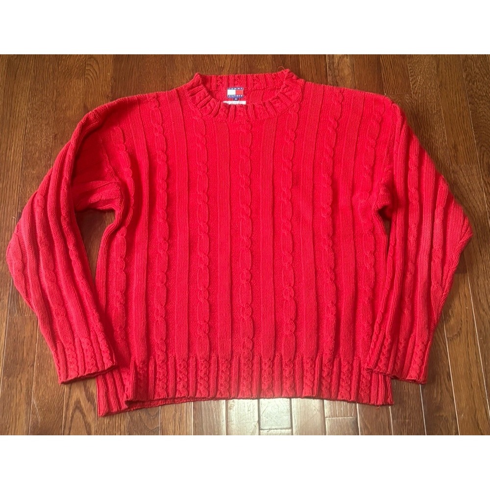 Vintage Tommy Hilfiger Sweater Men's Red Linen Blend Cable Knit Pullover